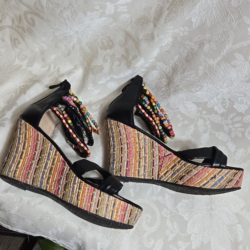 Dream Pairs Colorful Beaded Ankle Black Wedge Sandals - Picture 3 of 9